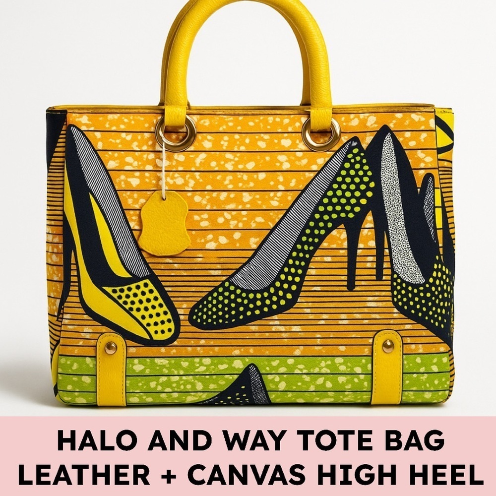 Halo & Way Ankara Wax Print Leather Tote Yellow Green Heels Bag Boho Retro Y2K - Picture 12 of 12